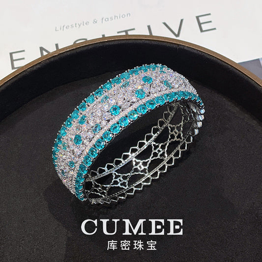 Luxury Open Wide Bracelet Artificial Paraiba Color Wide Cut Hollow Bracelet 925 Silver Gold-plated