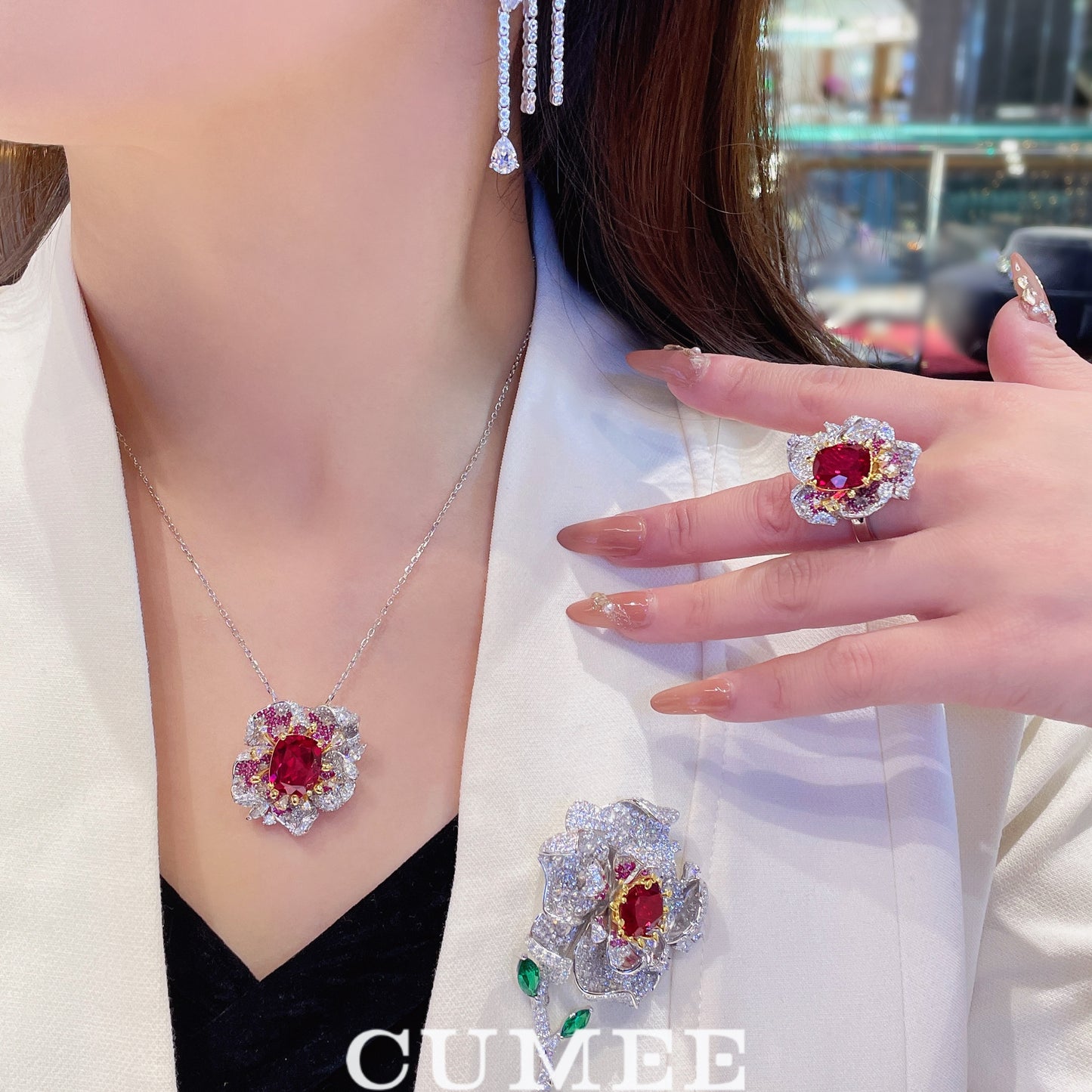 Cumee Fine Jewelry Peony Series Noble Cultivation Synthetic Ruby Ring Earring Brooch Set for Women. 925 Silver-plated Gold