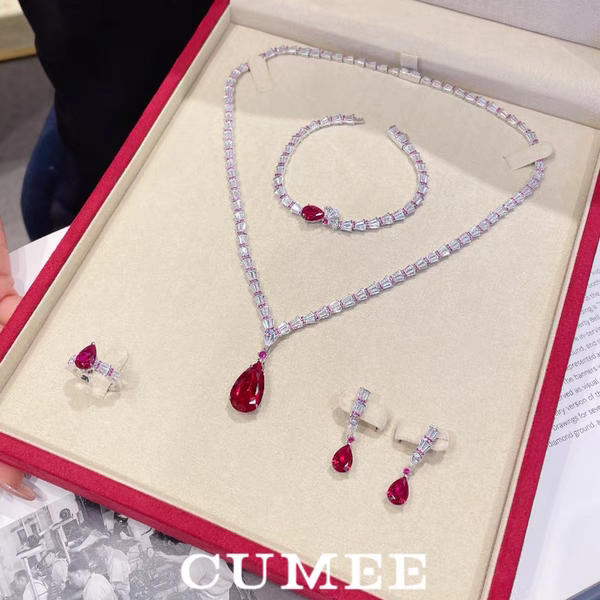 CUMEE Pear Ruby Ring Gemstone Lab Created Minimalist Design Cultivation Synthetic Ruby 925 Silver Gold-plated