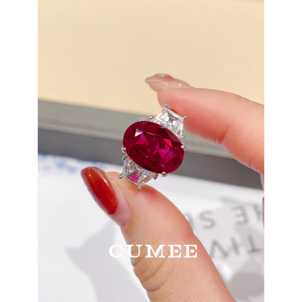 CUMEE Simple Large Carat Oval Cut Cultivated Red Gemstone Ruby ring 925 Silver gold-plated ring