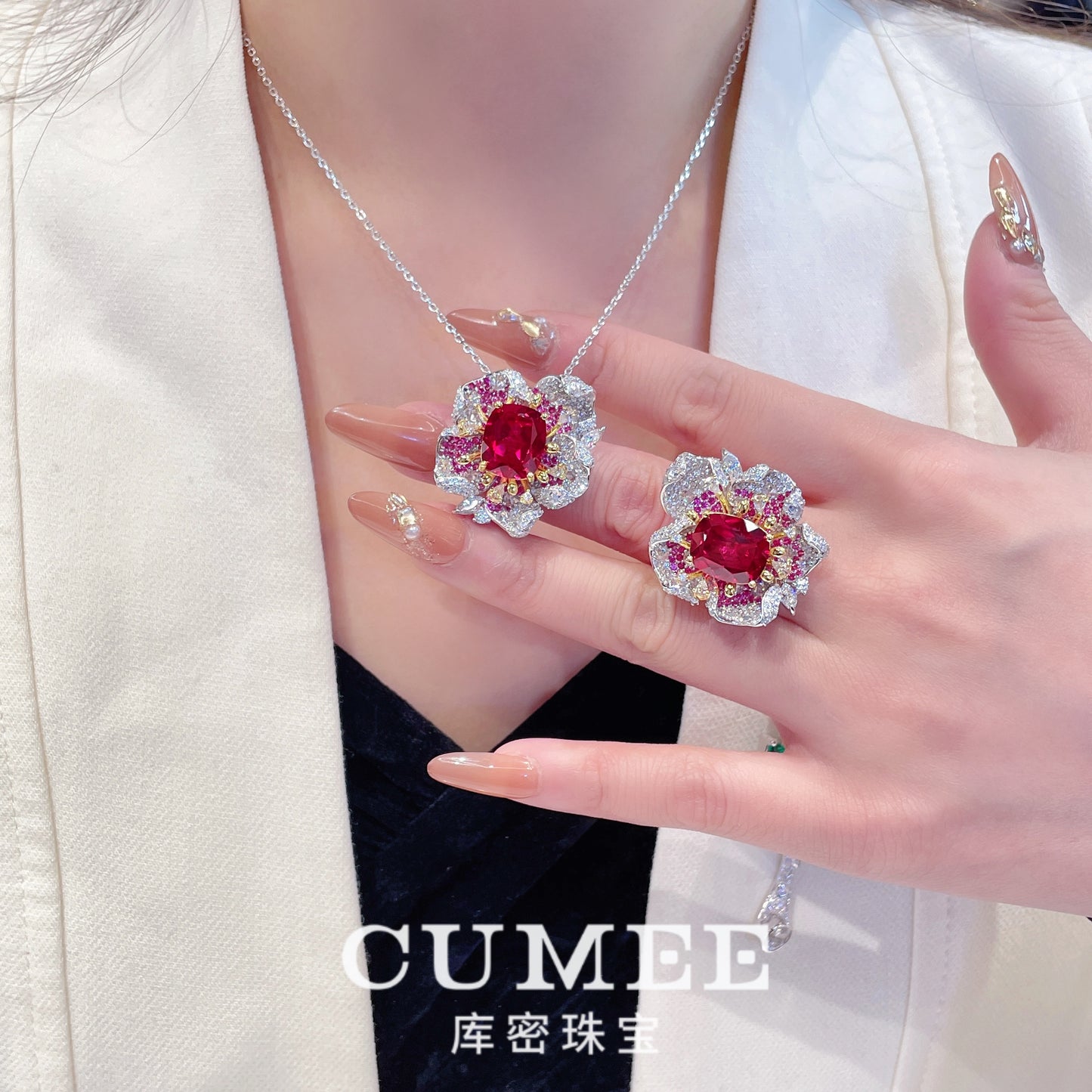 Cumee Fine Jewelry Peony Series Noble Cultivation Synthetic Ruby Ring Earring Brooch Set for Women. 925 Silver-plated Gold