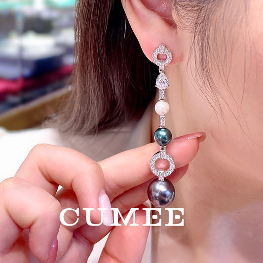 CUMEE Fashion Long Silver Drop Earrings for Women White Bead Artificial Pearl Earrings 925 Silver Plated Gold