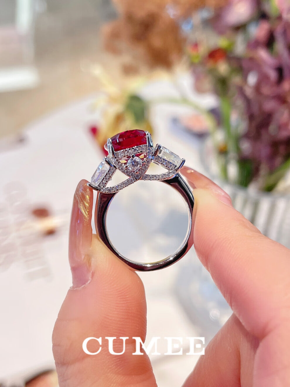 CUMEE Simple Large Carat Oval Cut Cultivated Red Gemstone Ruby ring 925 Silver gold-plated ring