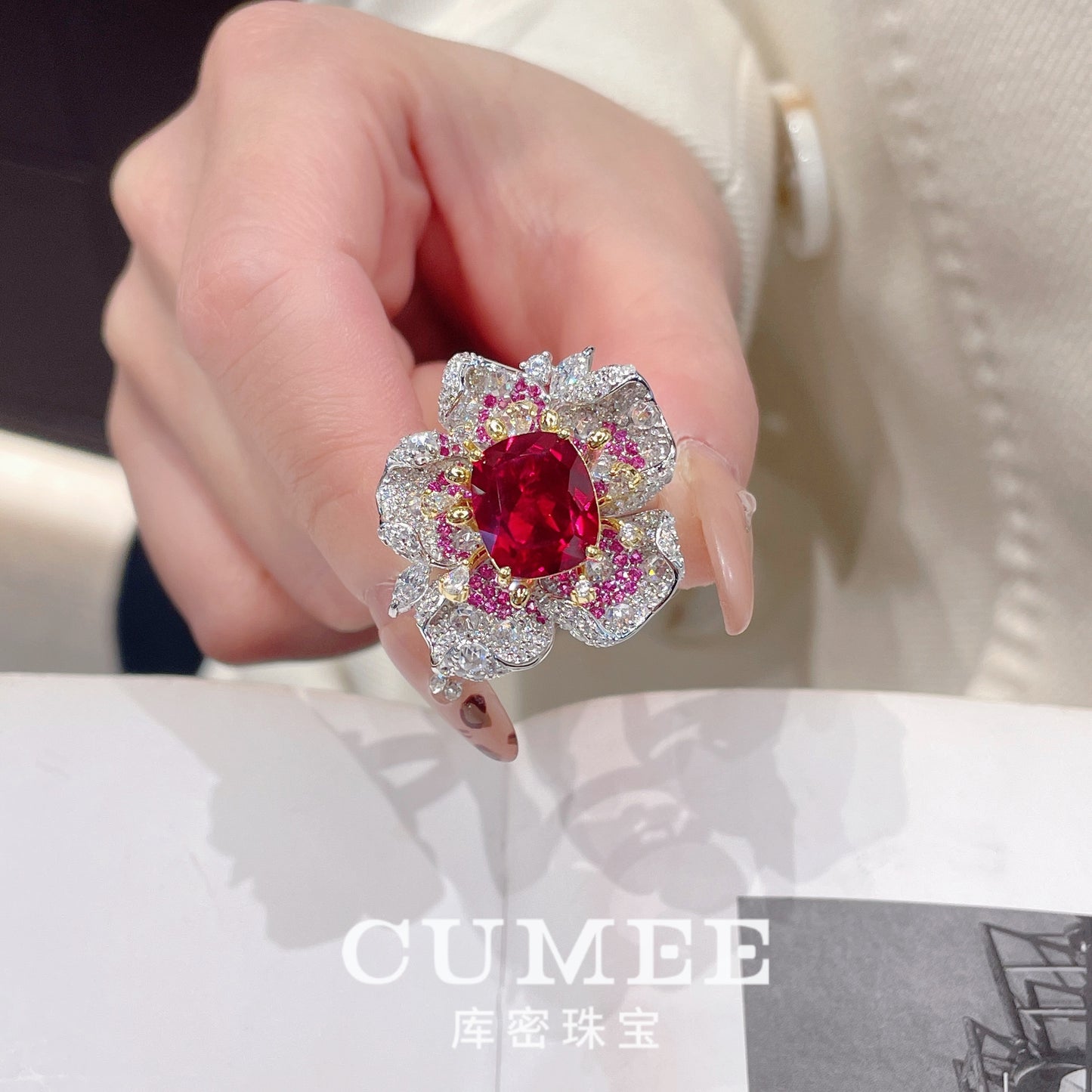 Cumee Fine Jewelry Peony Series Noble Cultivation Synthetic Ruby Ring Earring Brooch Set for Women. 925 Silver-plated Gold