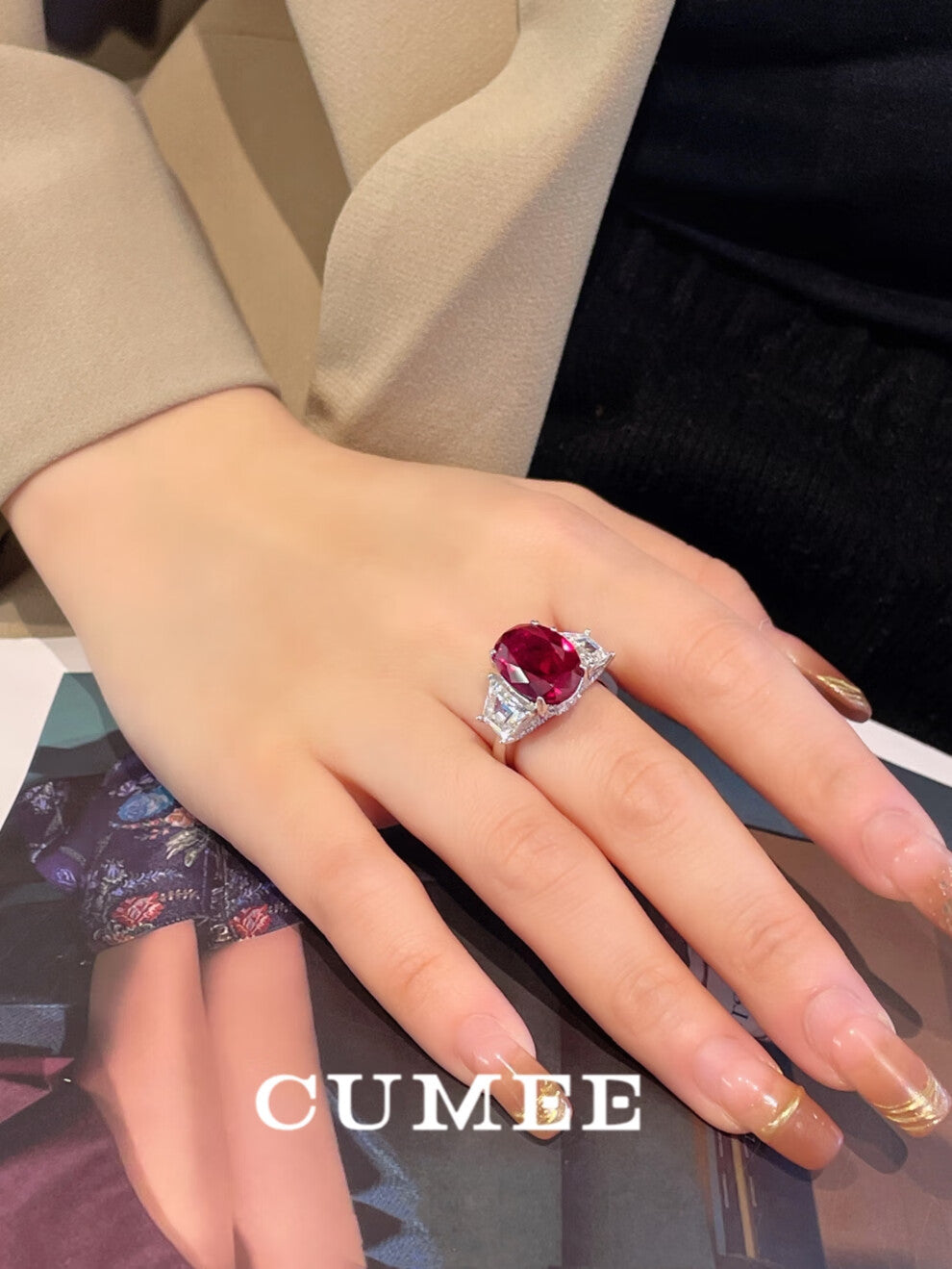 CUMEE Simple Large Carat Oval Cut Cultivated Red Gemstone Ruby ring 925 Silver gold-plated ring