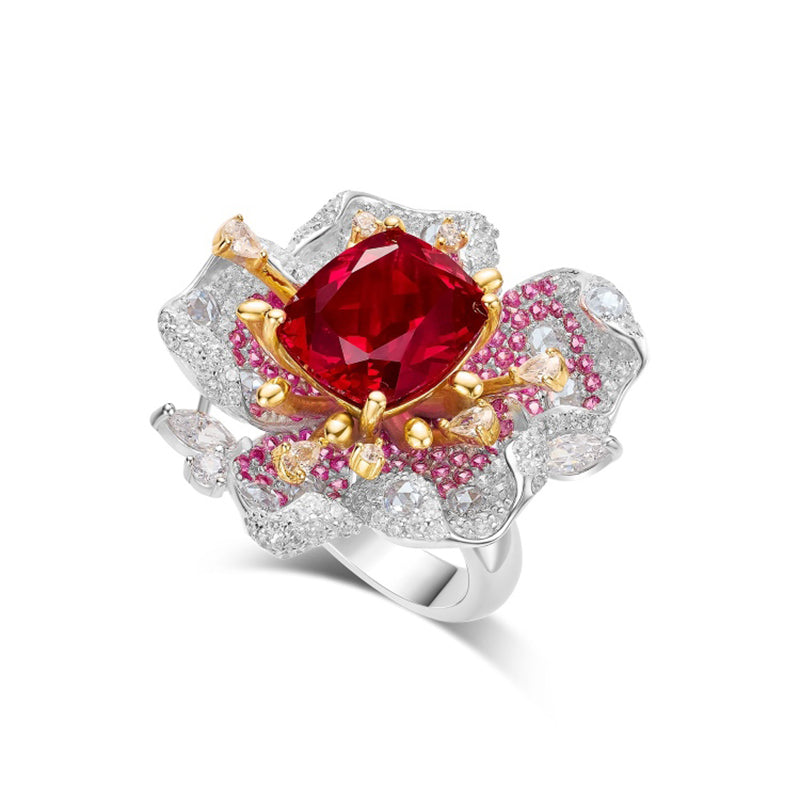 Cumee Fine Jewelry Peony Series Noble Cultivation Synthetic Ruby Ring Earring Brooch Set for Women. 925 Silver-plated Gold