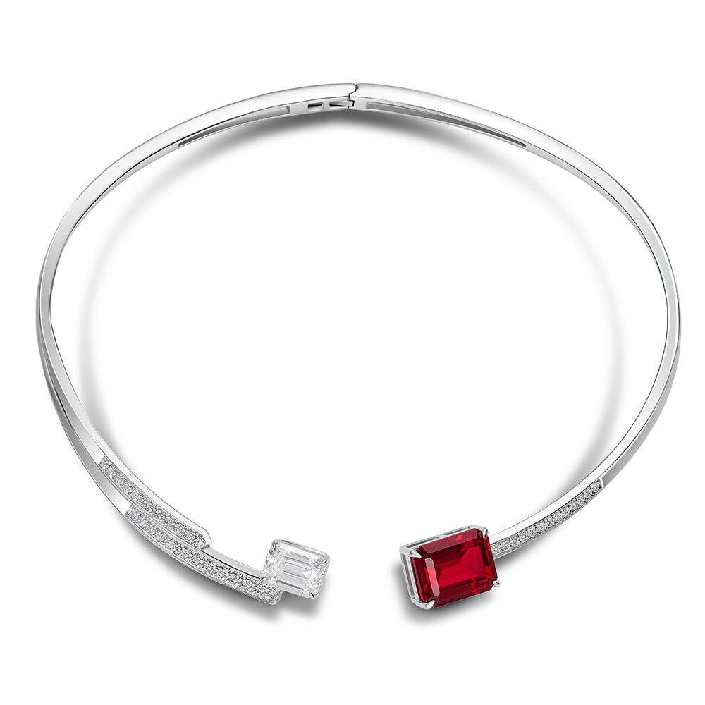 CUMEE Large Carat T-shaped Design Cultivation Synthetic Ruby Collar Necklace Open 925 sterling Silver Gold Plating