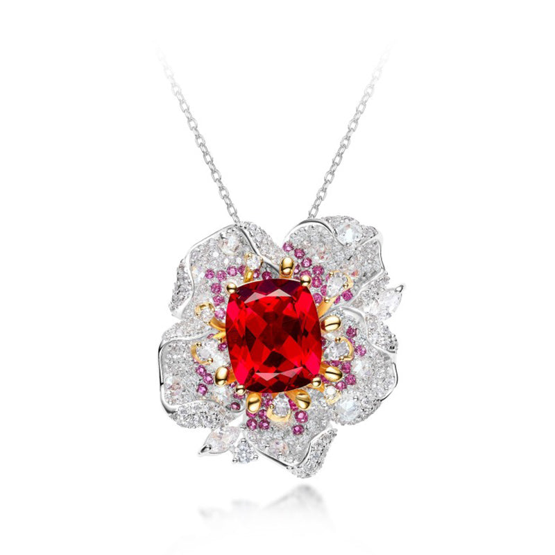 Cumee Fine Jewelry Peony Series Noble Cultivation Synthetic Ruby Ring Earring Brooch Set for Women. 925 Silver-plated Gold