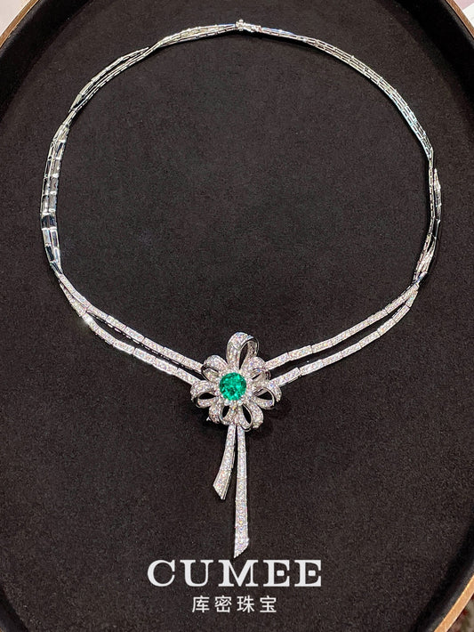 CUMEE Dinner Style Butterfly Necklace 925 sterling silver Bowknot Synthetic Emerald Gemstone