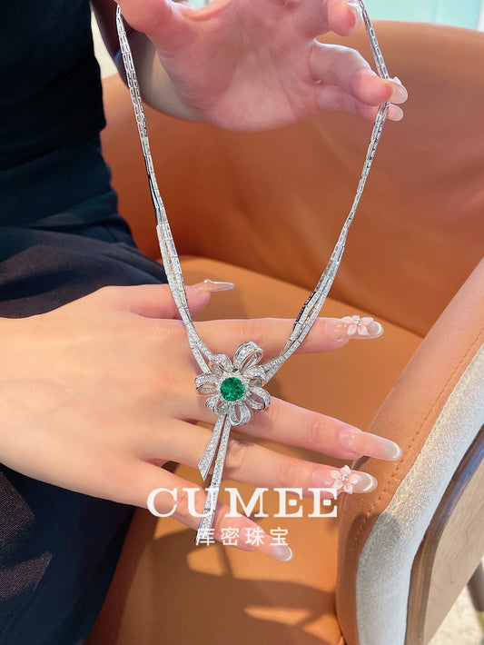 CUMEE Dinner Style Butterfly Necklace 925 sterling silver Bowknot Synthetic Emerald Gemstone