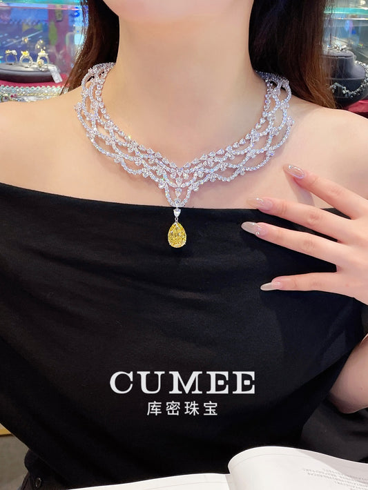 CUMEE Fine Jewelry Women's Peadant Necklace Pear Yellow CZ Gemstone 925 sterling silver with Gold Plated