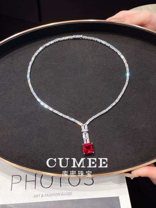 CUMEE Fine Jewelry 925 Sterling Silver Cultivated Pigeon Blood Ruby Red Necklaces for Women Silver Gold-plated Necklace