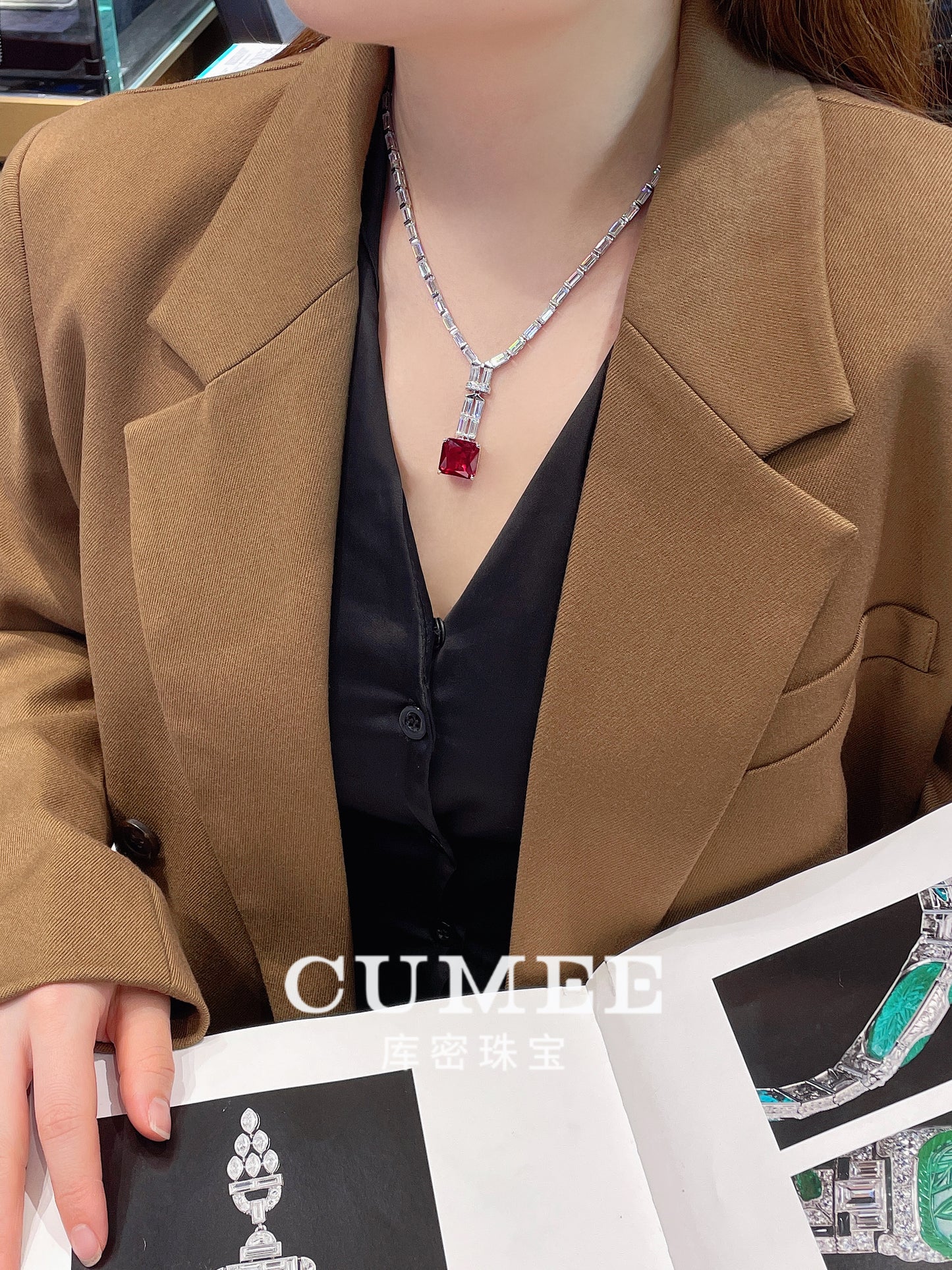 CUMEE Fine Jewelry 925 Sterling Silver Cultivated Pigeon Blood Ruby Red Necklaces for Women Silver Gold-plated Necklace