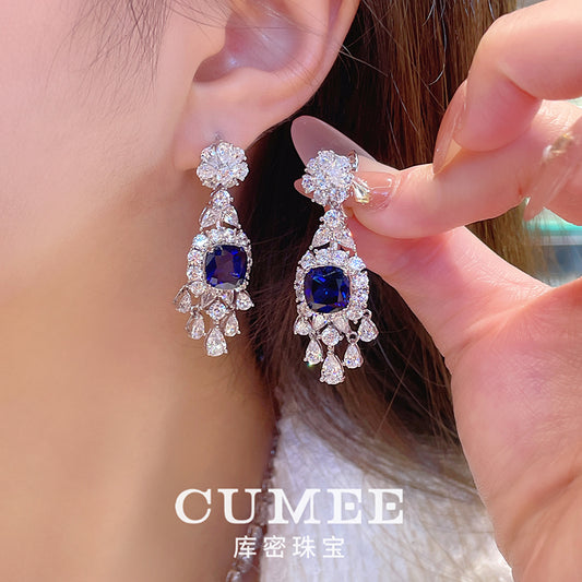 CUMEE New Love Chain Luxury Royal Blue Cultivated Synthetic Blue Gemstone Earring Women Silver Gold-plated Earrings
