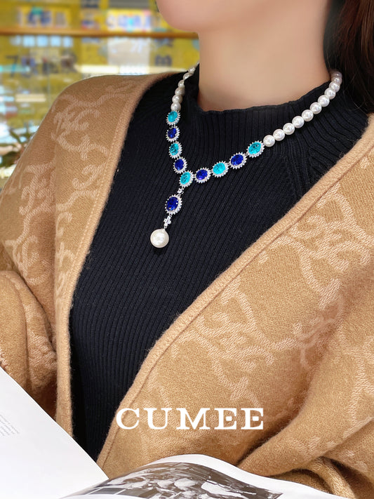 CUMEE Lab Created Sapphire Gemstone Paired Artificial Australia White Pearls Necklace for Women 925 Silver Gold Plated