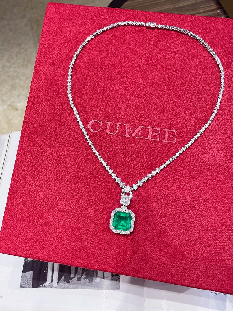 CUMEE 925 Sterling Silver Emerald Ring Square Cultured Emerald Synthetic Gemstone for Women Gold Plated