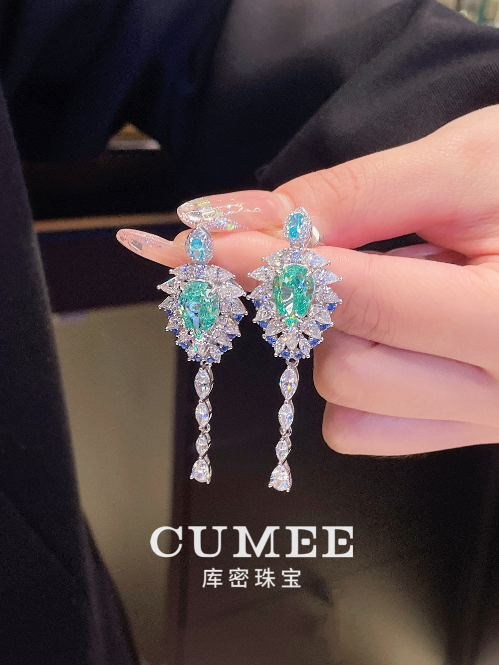 CUMEE Retro Palace Style Designer Earrings Artificially Synthetic Paraida Color Drop Earrings. 925 Silver-plated Gold
