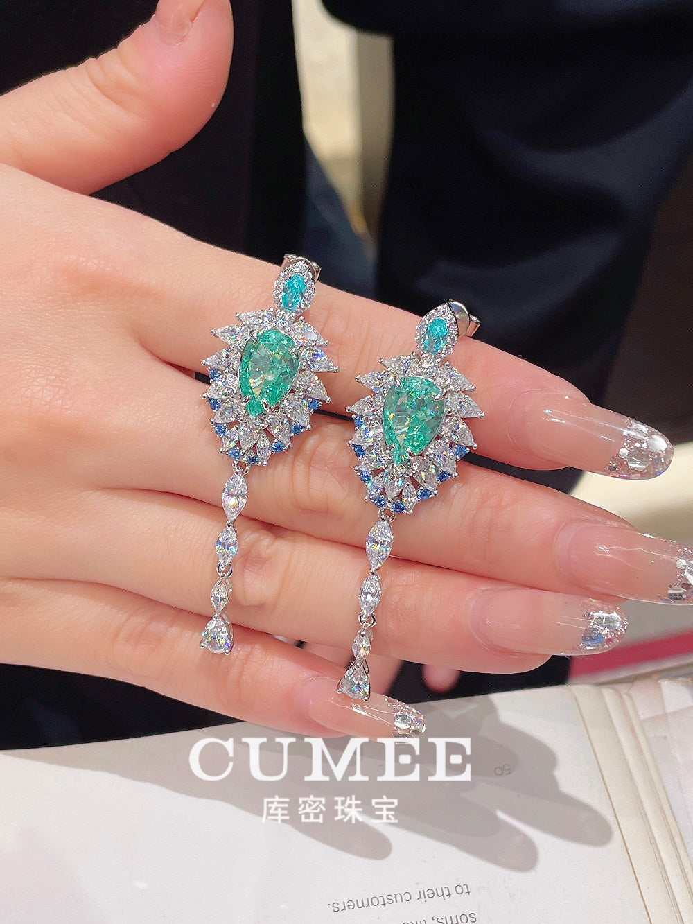 CUMEE Retro Palace Style Designer Earrings Artificially Synthetic Paraida Color Drop Earrings. 925 Silver-plated Gold