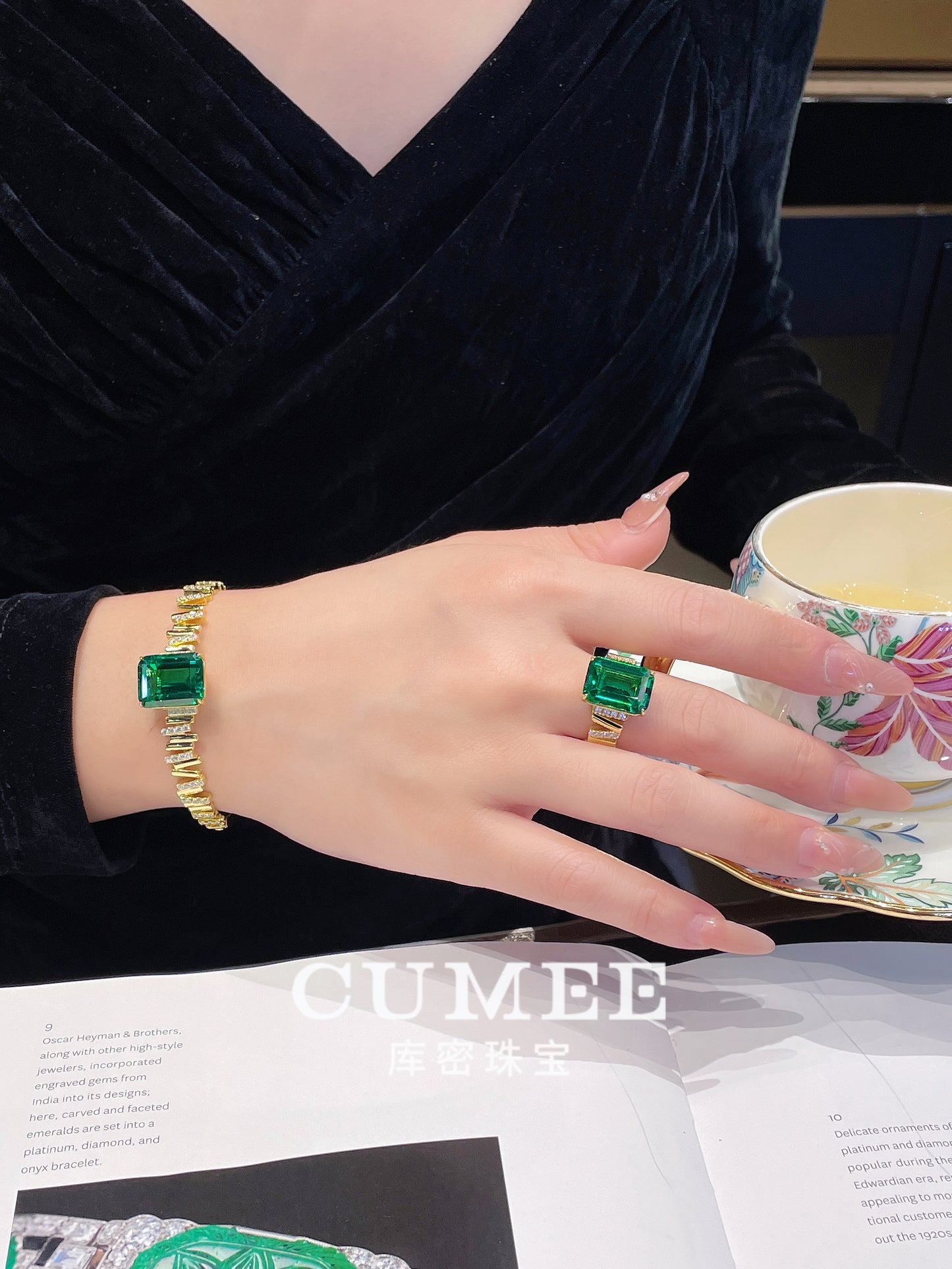 CUMEE Luxury 9-carat Emerald Cultivated Synthetic Emerald Bracelets for Women. 925 Silver Gold-plated