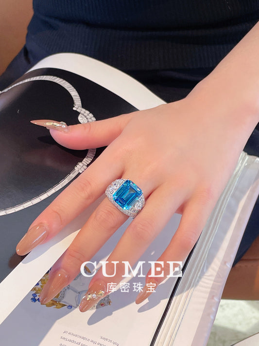 CUMEE Big Carat Santa Maria Blue Ring Men and Women Synthetic Gem Ring for Women. 925 Silver Gold Plated