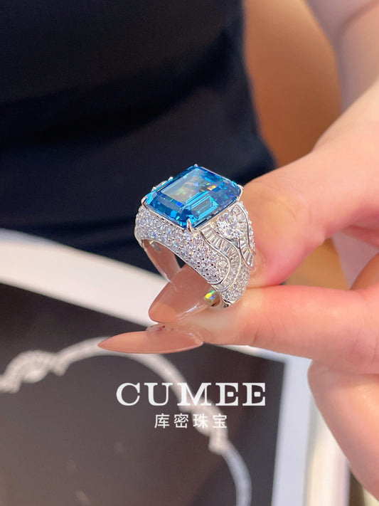 CUMEE Big Carat Santa Maria Blue Ring Men and Women Synthetic Gem Ring for Women. 925 Silver Gold Plated
