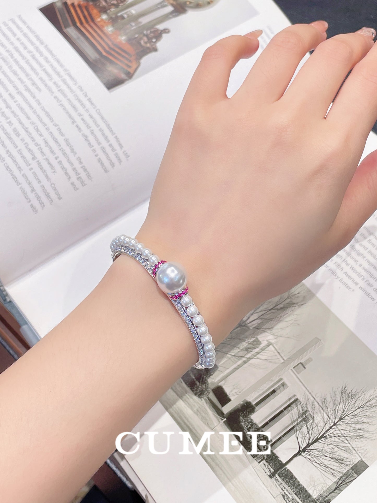 CUMEE Simulated Pearl Women Bracelet Artificial Australian White Pearl Bracelet 925 Silver Gold Plating
