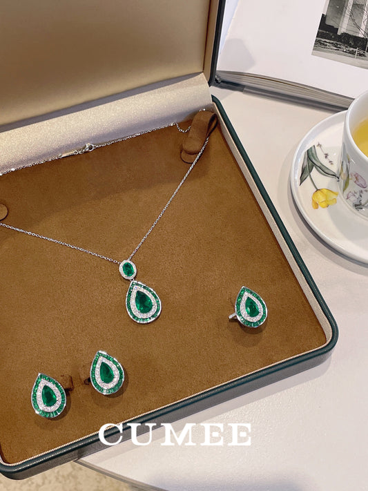 Cumee Luxury Water Droplet Cultivation Synthetic Emerald Ring  Women 925 Silver Gold-plated Party