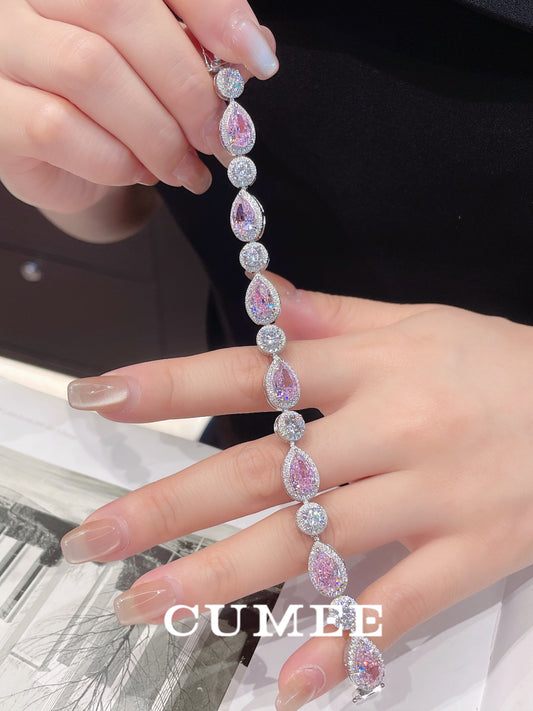 CUMEE Sterling Silver Bracelet Water Drop Cherry Blossom Pink Artificial Pink Diamond Bracelet. Silver Gold-plated