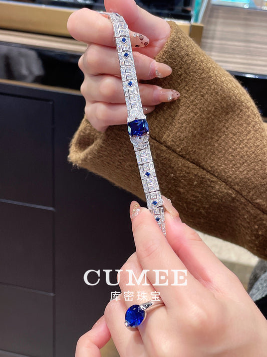 CUMEE 925 Sterling Silver Fashion Style Unisex Cultivated Synthetic Sapphire Blue Gemstone Bracelet. Silver Plated Gold