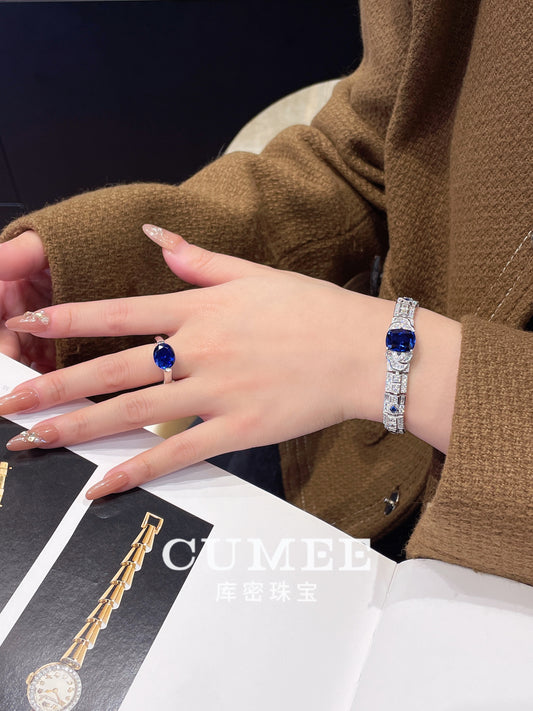 CUMEE 925 Sterling Silver Fashion Style Unisex Cultivated Synthetic Sapphire Blue Gemstone Bracelet. Silver Plated Gold