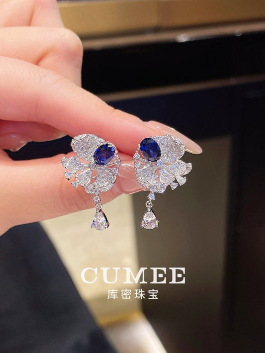 CUMEE Exquisite Small Earrings Personalized Design Style Cultivated Synthetic Sapphire Earrings. Silver-plated Gold