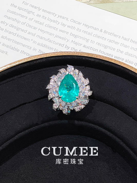 CUMEE Dinner Dressing Style Pear Women's Ring Synthetic Paraiba Water Drop Pear Ring. Silver-plated Gold