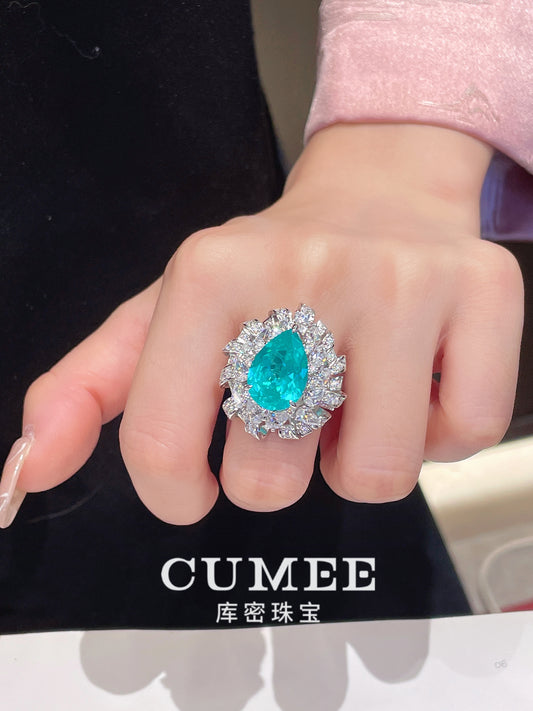 CUMEE Dinner Dressing Style Pear Women's Ring Synthetic Paraiba Water Drop Pear Ring. Silver-plated Gold