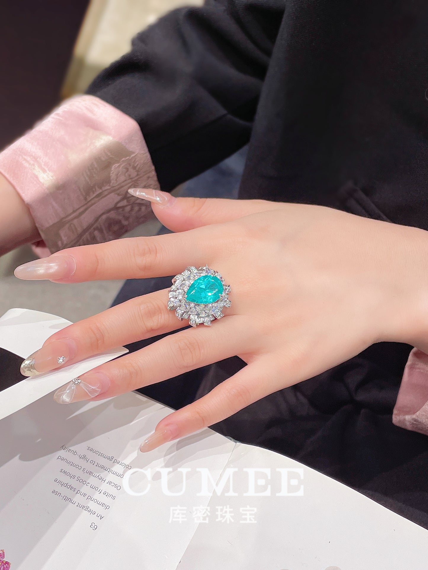 CUMEE Dinner Dressing Style Pear Women's Ring Synthetic Paraiba Water Drop Pear Ring. Silver-plated Gold