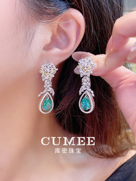 CUMEE European and American Fashion Water Droplets Synthetic Paraiba Green Earrings Women. Silver-plated Gold
