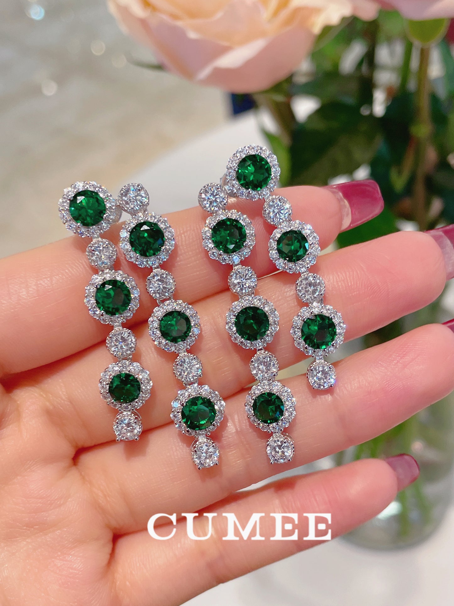 CUMEE Designer Style Tassel Fashion Cultivation Synthetic Emerald Earrings Women Mother with Silver Gold-plated