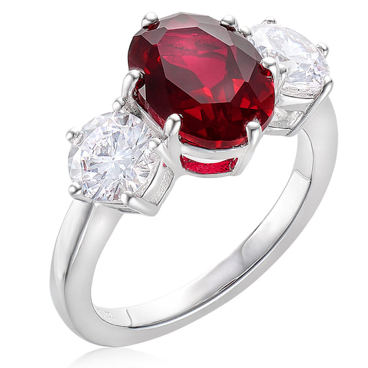 CUMEE Classic Small Carat Three Stone Cultivated Ruby Gemstone Red Ring 925 Silver Gold plated gift for Wife and Girlfriend