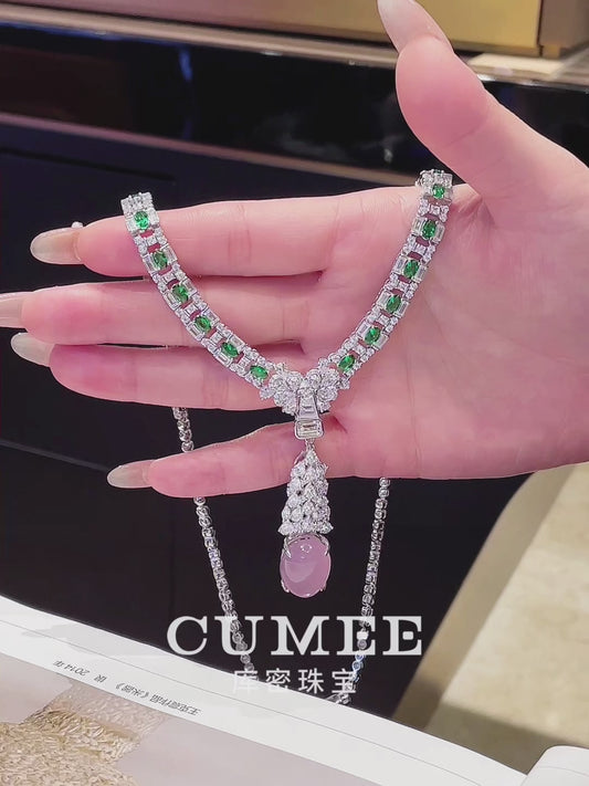 Cumee Vintage Dainty Pink Chalcedony Pendant Necklace Women 925 Sterling Silver CZ Gemstone Gold Plated