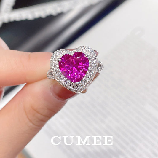 Cumee Heart Classic Lab Created Gemstone Rose Red Surrounded Women's Ring. 925 Silver Plated Gold Rings for Women
